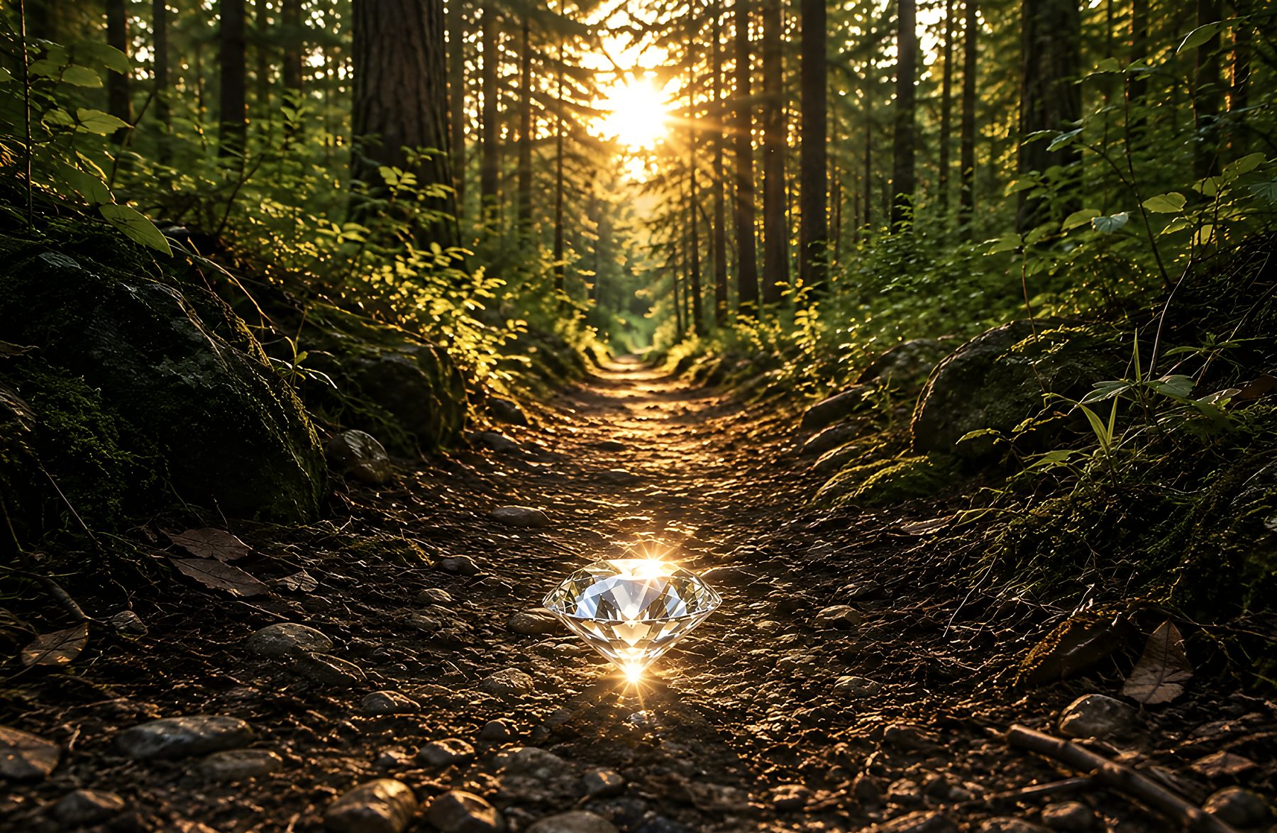 Ein leuchtender Diamant auf einem Waldweg im Gegenlicht